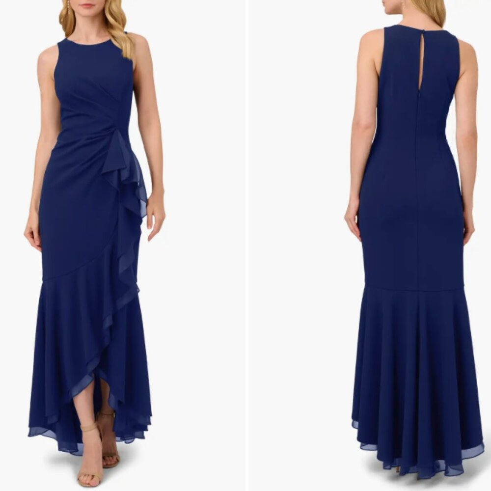 Adrianna Papell Women's Crepe Ruffle Gown Navy Size 8